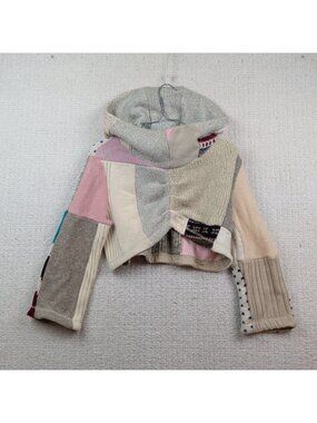 Vintage Myco Anna Mix Patchwork Cropped Wool Knit Hoodie Grunge Alt Boho Sz M